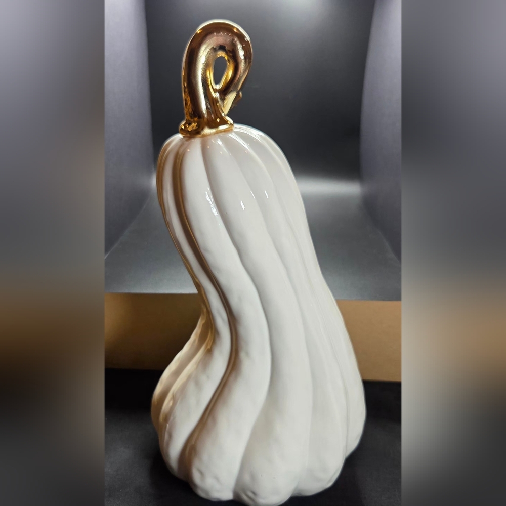 "Two's Company" Gourdges Set Of Two White Ceramic Gourds With Gold Stems - Picture 5 of 8